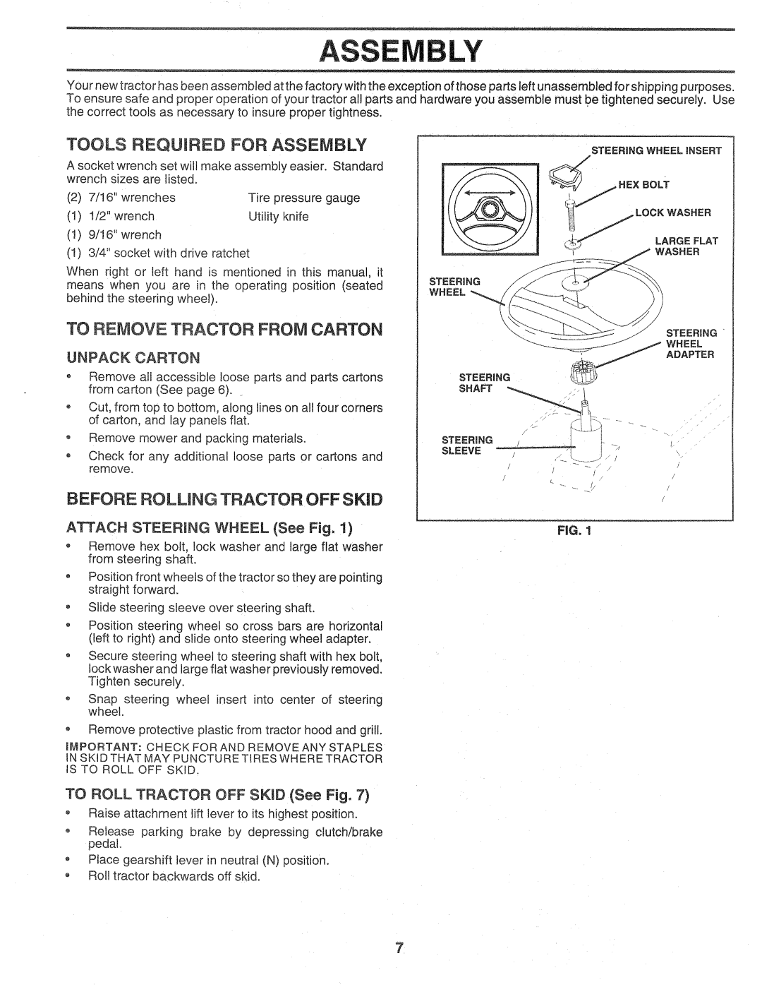 Sears 917.257720 owner manual Tools Required for Assembly, To Remove Tractor from Carton, Before Rolling Tractor OFF Skid 