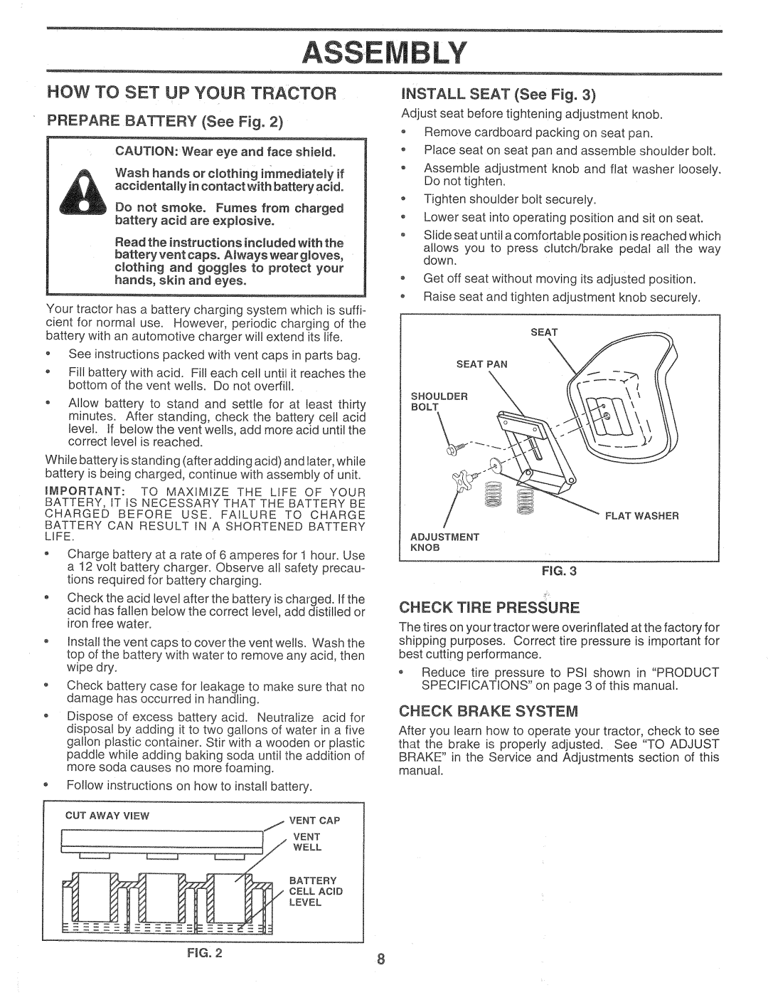 Sears 917.257720 owner manual Assem LY, HOW to SET UP Your Tractor, Check Tire Pressure, Check Brake System 