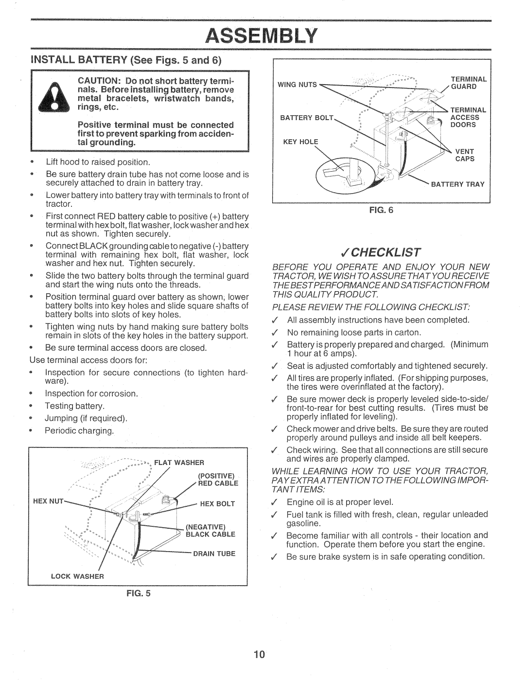 Sears 917.257720 owner manual Assembly, v CHECKMST, INSTALL BATTERY See Figs, 5 and 