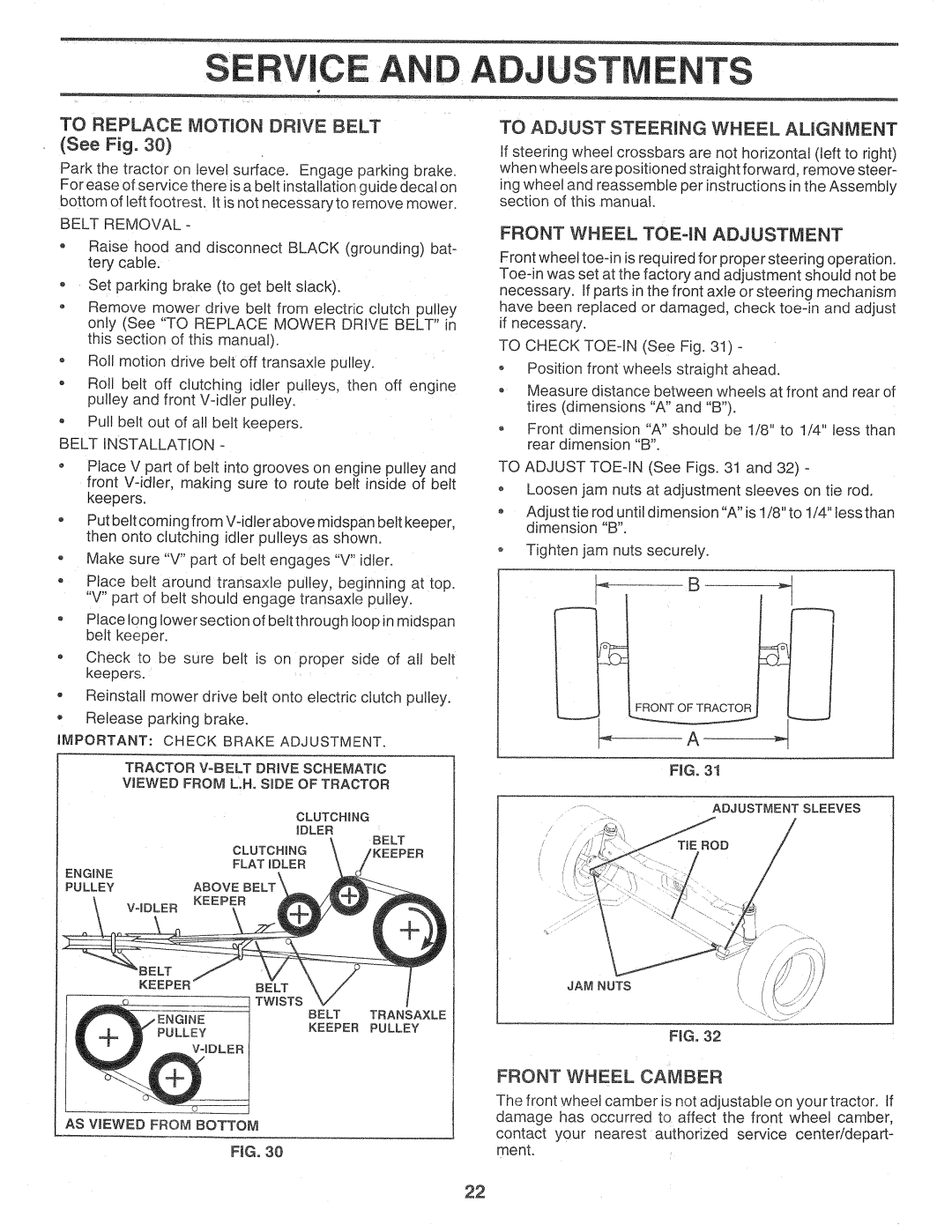 Sears 917.257720 Service And Adjustments, TO REPLACE MOTION DRmVE BELT See Fig, To Adjust Steering Wheel Alignment 