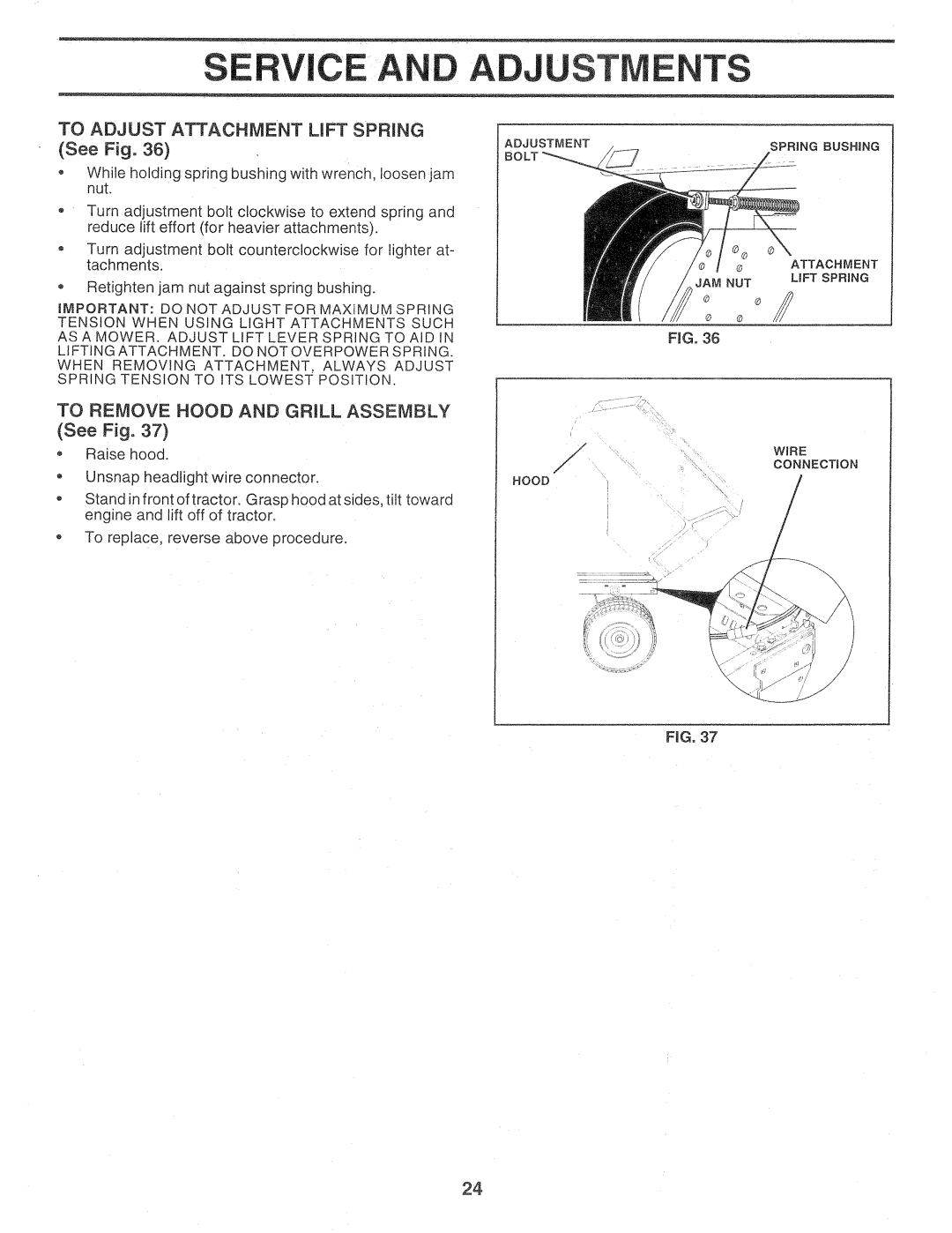 Sears 917.257720 owner manual E Ce And Adjustments, TO ADJUST ATTACHMENT LiFT SPIRING See Fig 