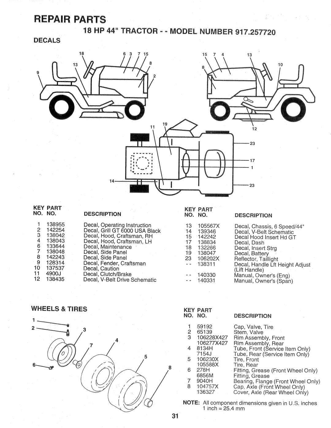 Sears 917.257720 owner manual Repair Parts, 18 HP 44 TRACTOR - - MODEL NUMBER, Decals, Wheels & Tires, Description 