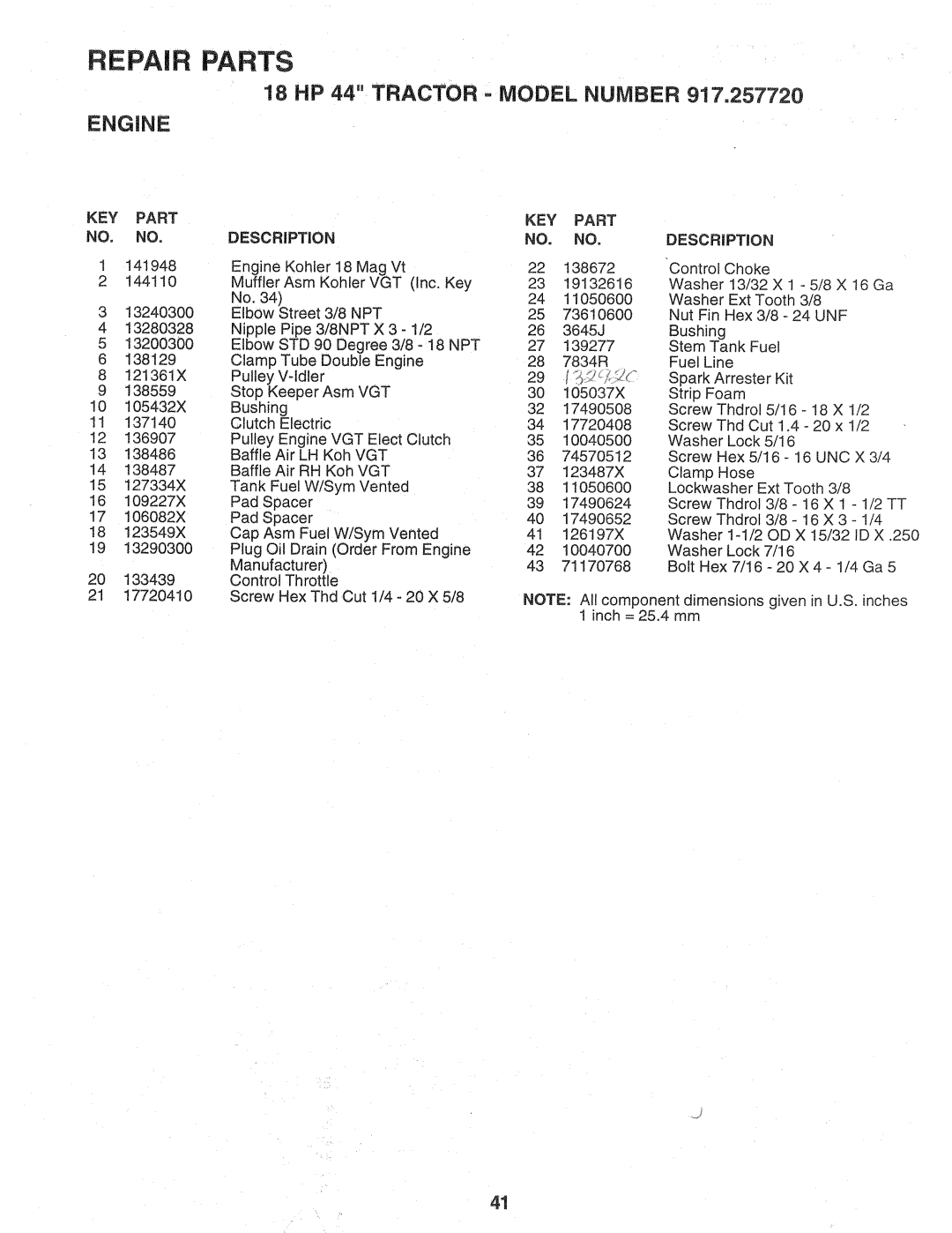 Sears 917.257720 owner manual 18 HP 44 TRACTOR = MODEL NUMBER ENGINE, Repair Parts, Key Part No. No, DESCRiPTiON 