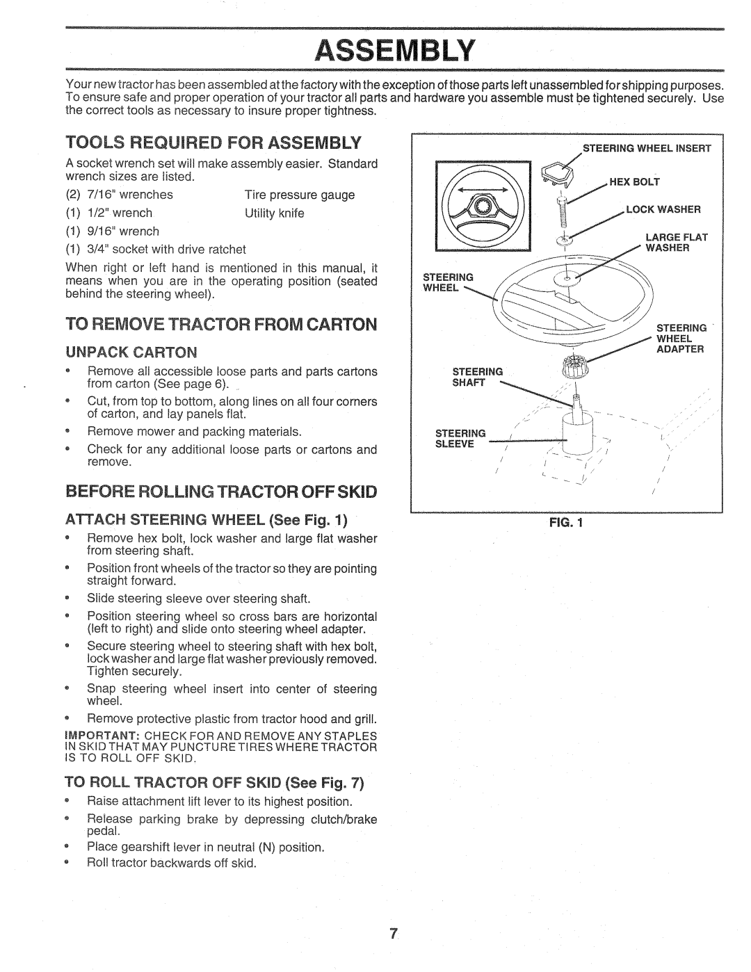 Sears 917.257720 owner manual Tools Required For Assembly, To Remove Tractor From Carton, Before Rolling Tractor Off Skid 