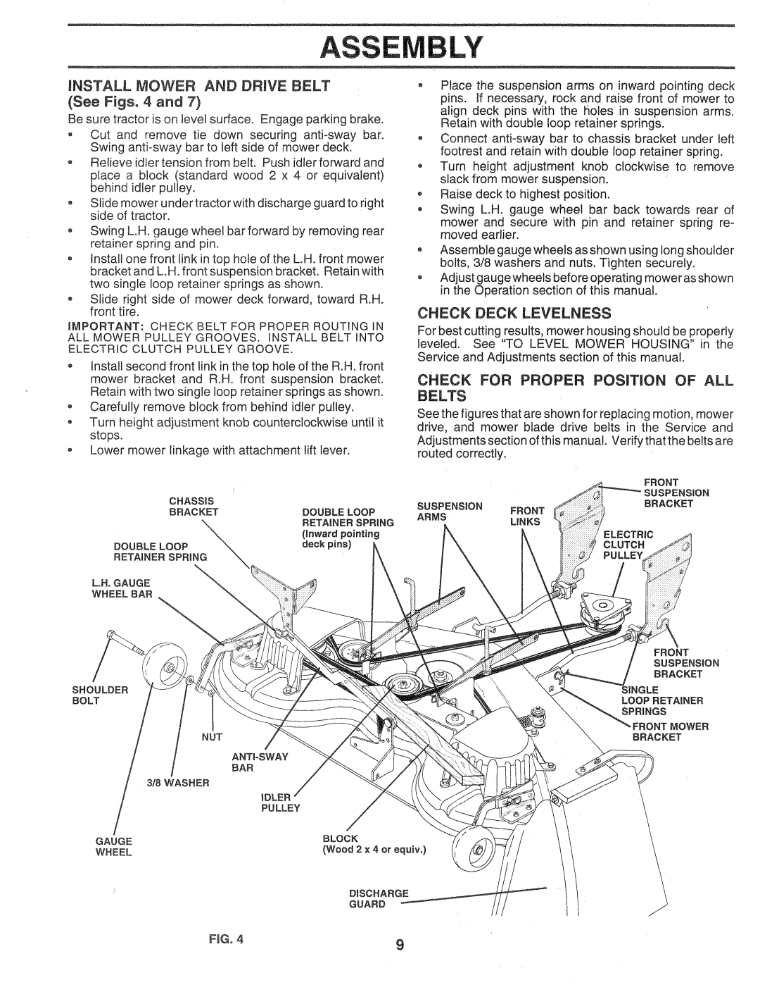 Sears 917.257720 owner manual Install Mower And Drive Belt, Check Deck Levelness, CHECK FOR PROPER POSiTiON OF ALL BELTS 