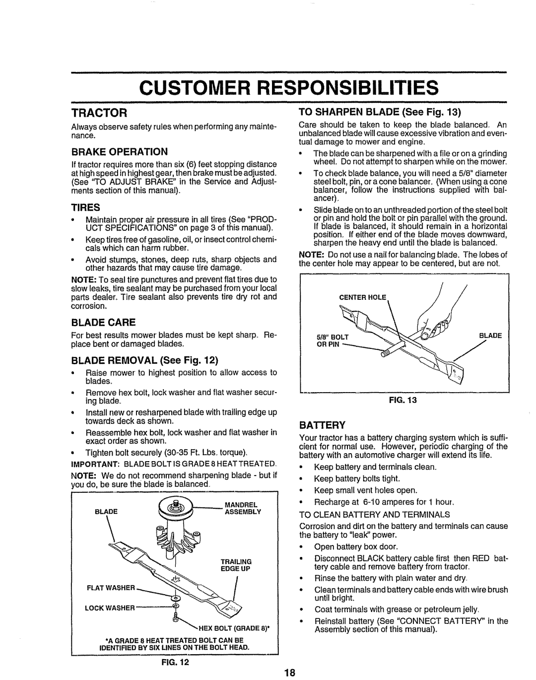 Sears 917.258473 owner manual Bilities, Tractor, Tires, Blade Care, Battery 