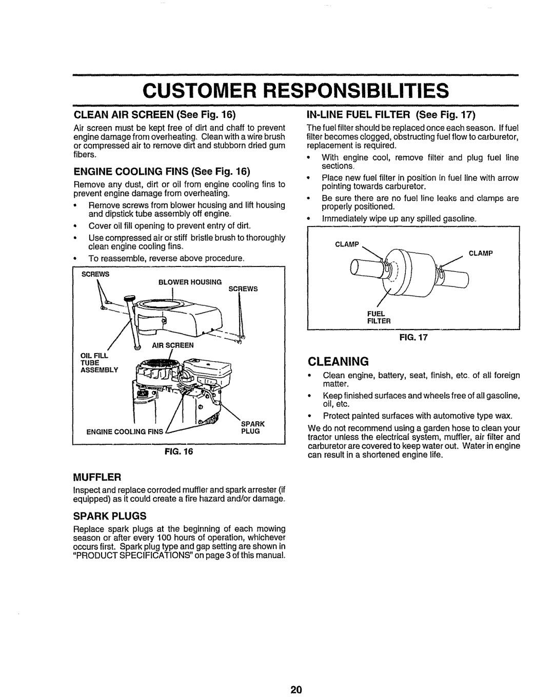 Sears 917.258473 owner manual Nsibilities, Muffler, Spark Plugs 