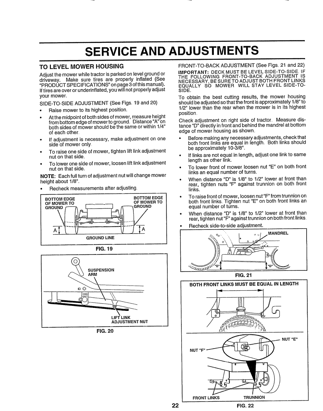 Sears 917.258473 owner manual Adjustments, To Level Mower Housing, Both Front Links Must be Equal in Length 