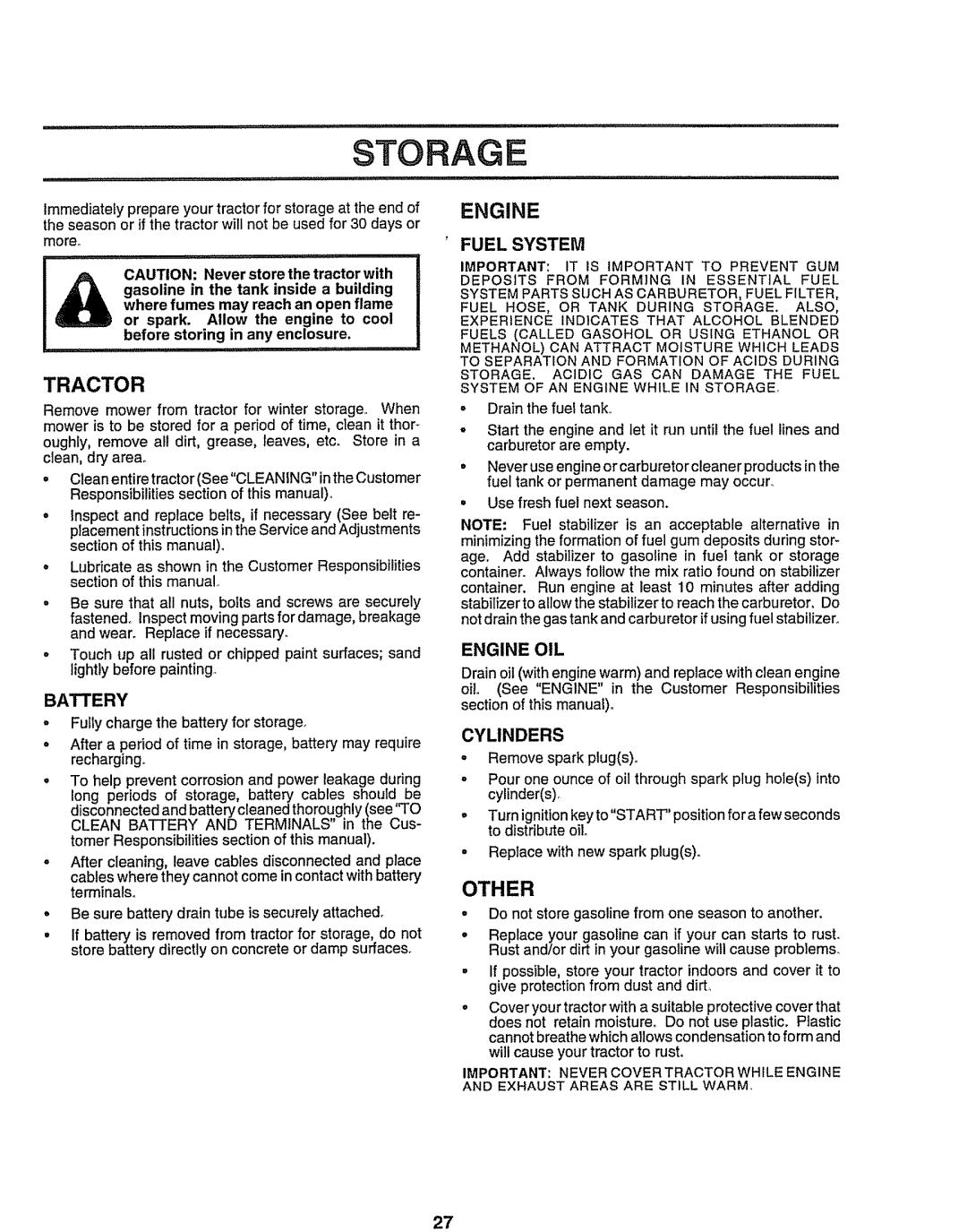 Sears 917.258473 owner manual Fuel System, Engine OIL, Important Never Cover Tractor Whfleengine 