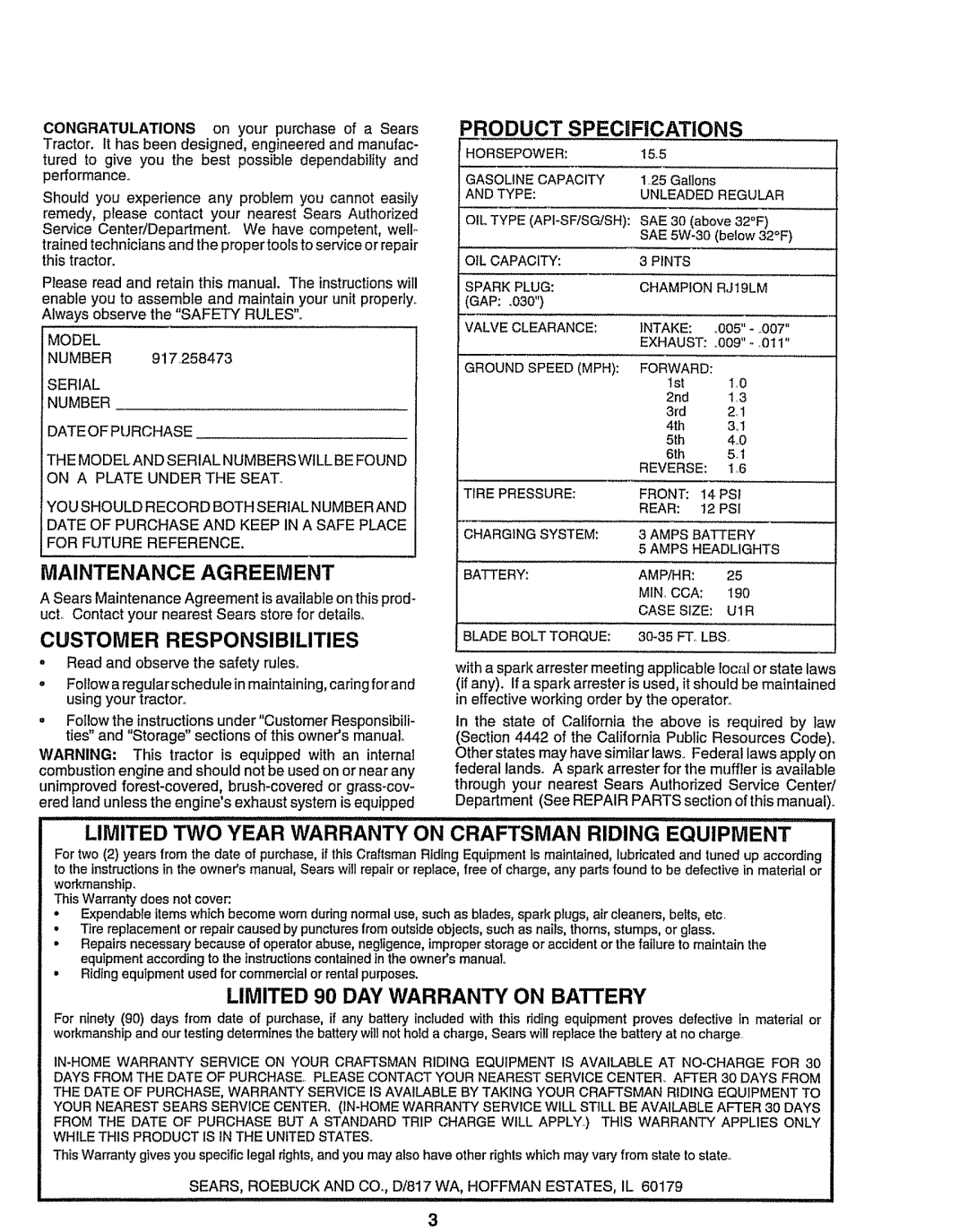 Sears 917.258473 owner manual Maintenance Agreement, Customer Responsibilities, Product Specifications 