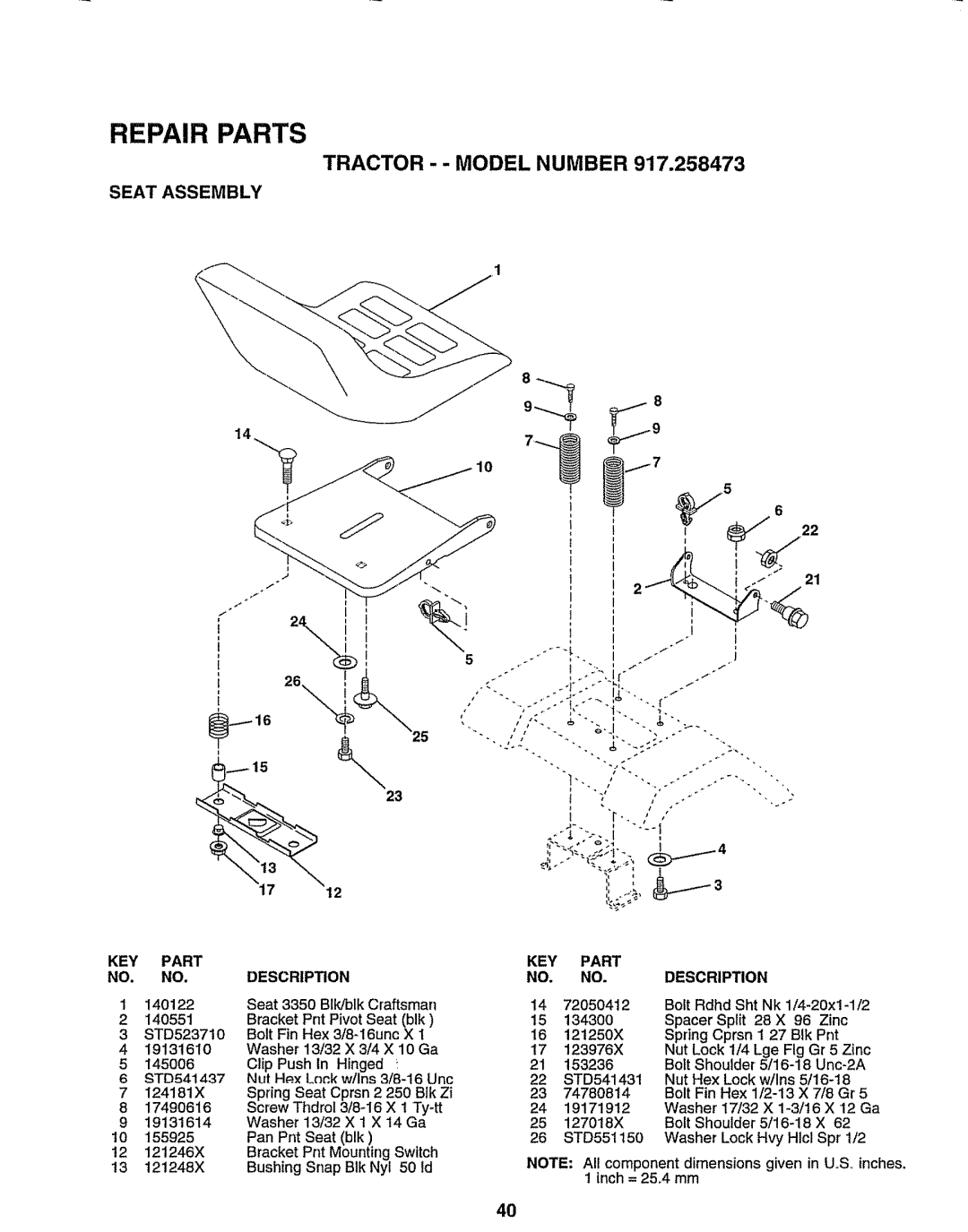 Sears 917.258473 owner manual Tractor -- Model Number, Seat Assembly, KEY Part Descripon 