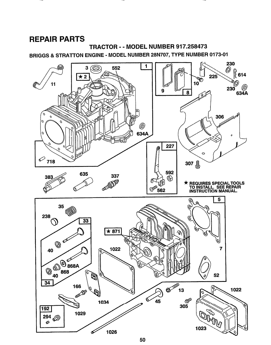 Sears 917.258473 owner manual 868, Briggs & Stratton Engine Model Number 28N707, Type Number 