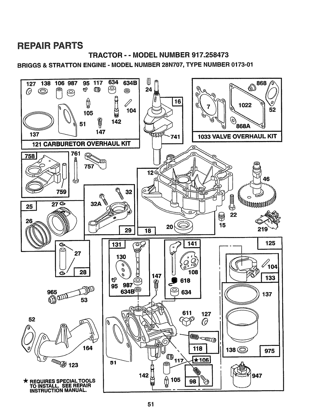 Sears 917.258473 owner manual Tractor - Model Number 917,258473, Valv E Overhaul KIT Carburetor 