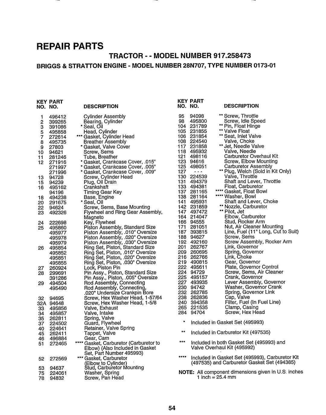 Sears 917.258473 owner manual Tractor -..MODEL Number 917,258473, 272614, Idle Speed, 005 