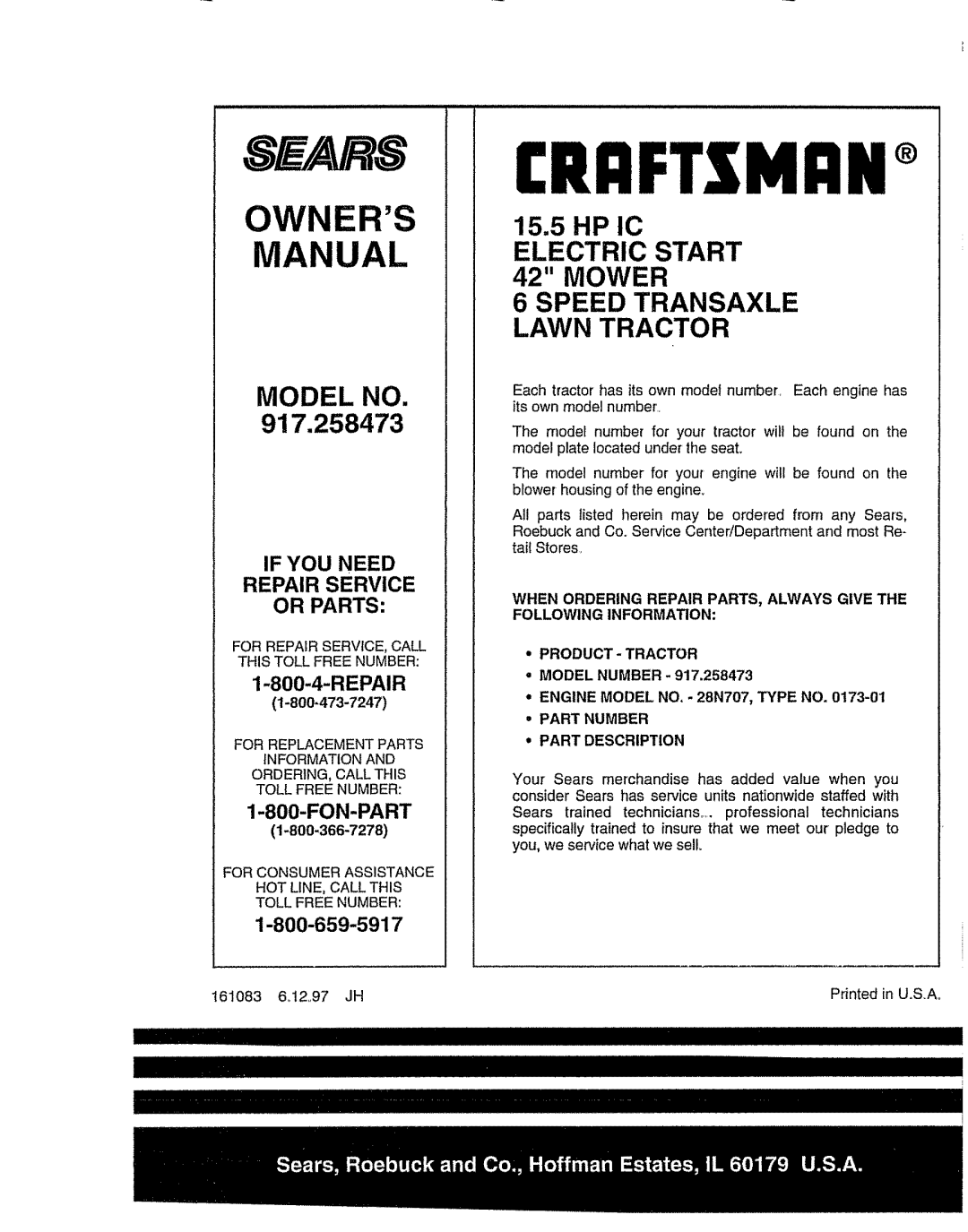 Sears 917.258473 owner manual Owners Manual, For Repair SERVICE, Call this Toll Free Number, Part Number Part Description 