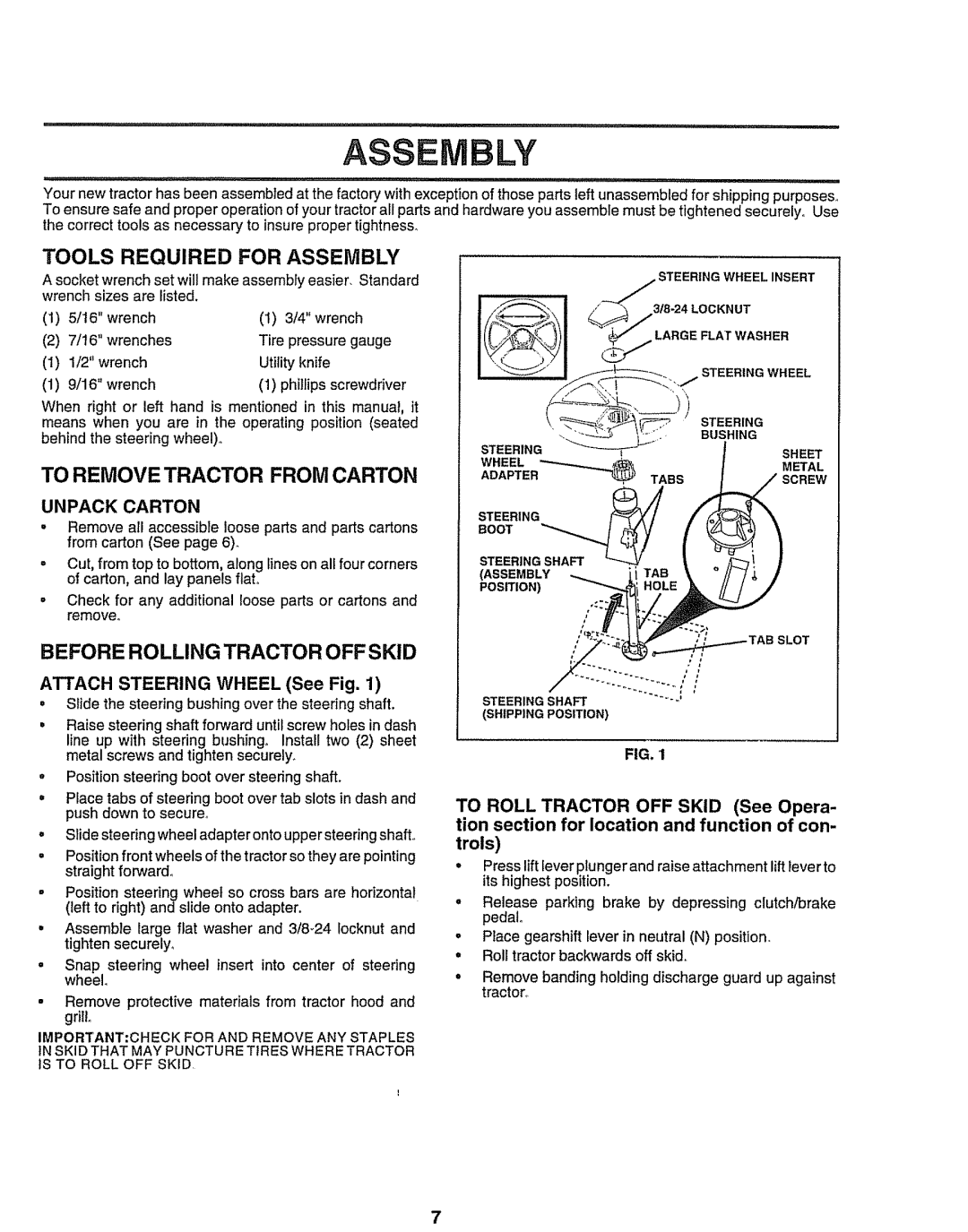 Sears 917.258473 Tools Required for Assembly, To Remove Tractor from Carton, Before Rolling Tractor Offskid, Unpack Carton 