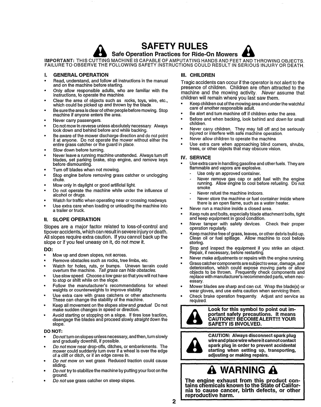 Sears 917.258473 Safety Rulesa, Safe Operation Practices for Ride-OnMowers, lU. CHILDREN, I1o SLOPE OPERATION, The engine 