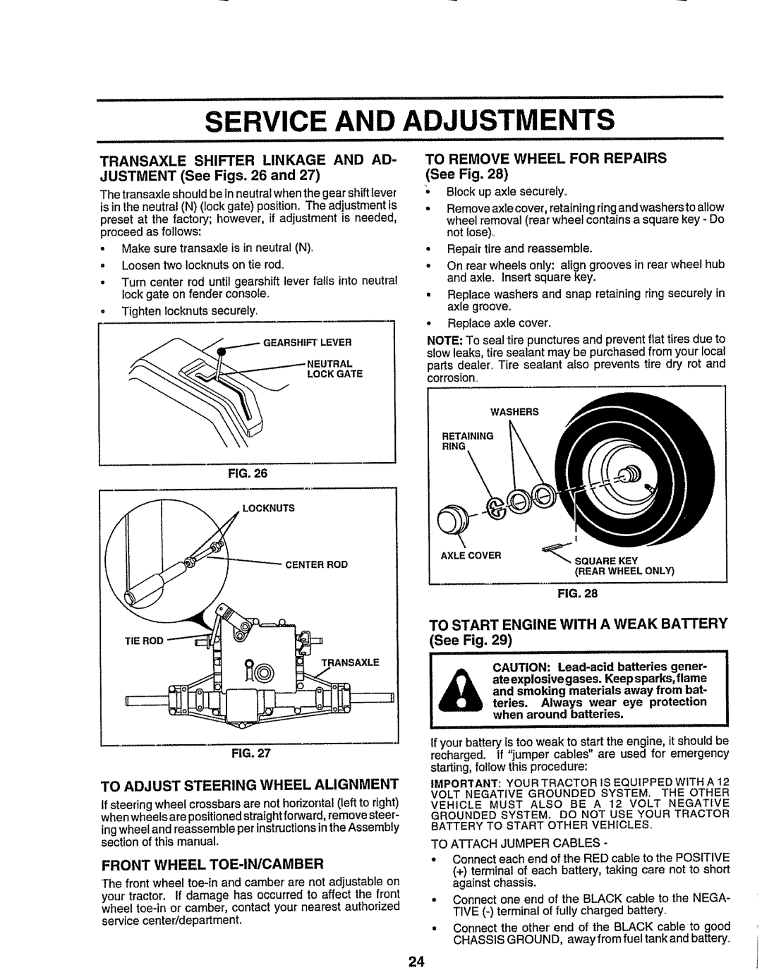 Sears 917.258473 owner manual And Adjustm, See Fig, To Remove Wheel For Repairs, To Adjust Steering Wheel Alignment 
