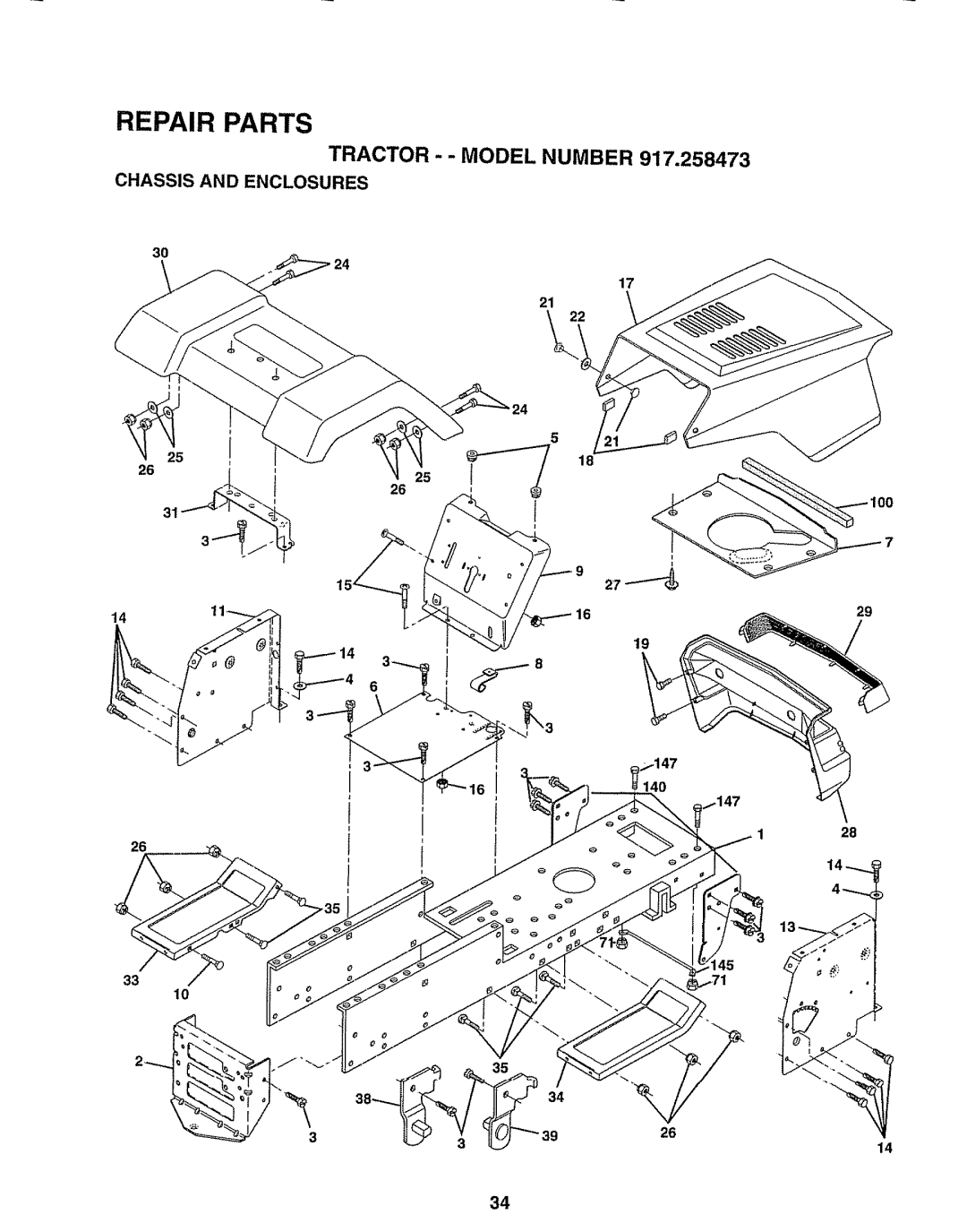 Sears 917.258473 owner manual Tractor - - Model Number, Chassis And Enclosures, Repair Parts 