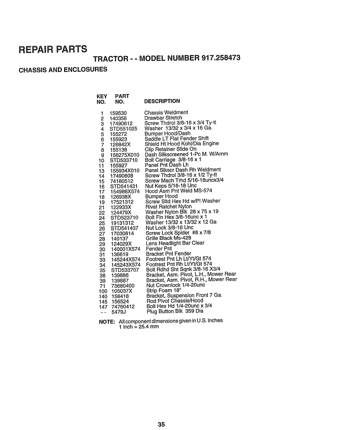 Sears 917.258473 Repair Parts, Tractor - - Model Number, Chassis And Enclosures, Key Part No. No. Description, 74180512 