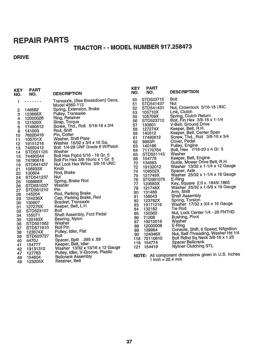 Sears 917.258473 Repair Parts, Tractor - - Model Number, Drive, Key Part No. No, 19151216, 74550412, Description 
