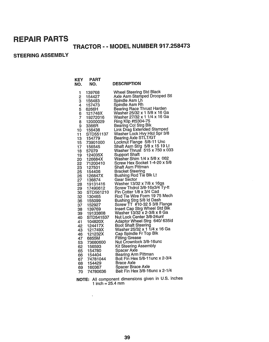 Sears 917.258473 owner manual Repair Parts, Tractor -- Model Number, Steering Assembly 