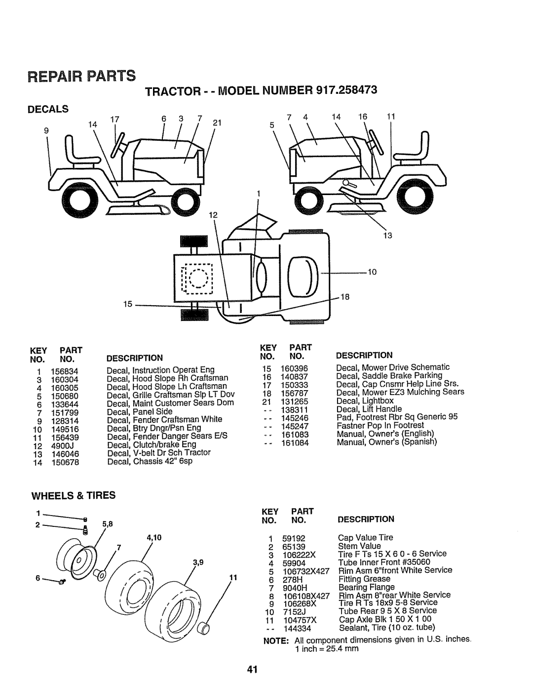 Sears 917.258473 owner manual Repair, Parts, DECALS 9, Tractor - - Model Number 