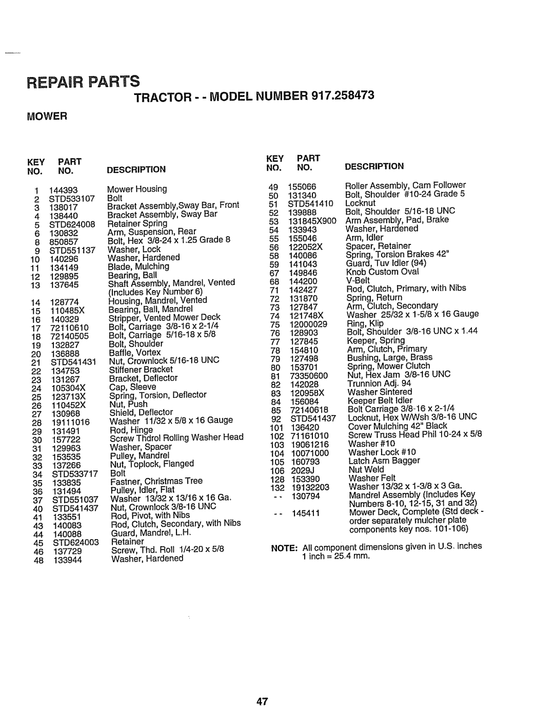 Sears 917.258473 owner manual Repair Parts, Tractor - - Model Number, Mower, Key Part No. No 
