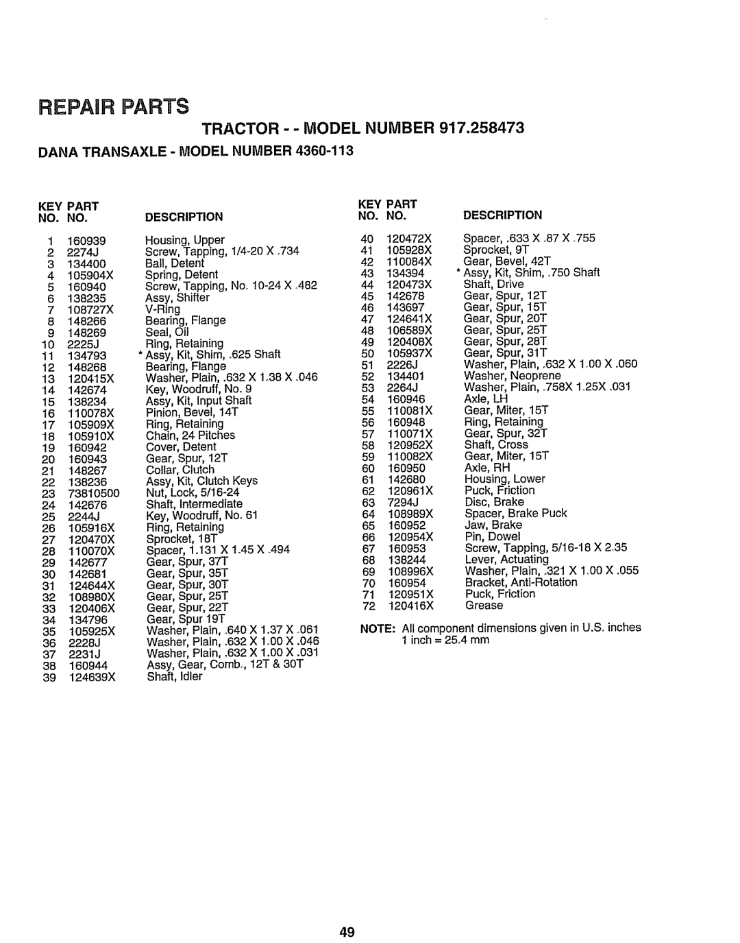 Sears 917.258473 owner manual Repaiir Parts, Tractor--Model Number, Dana Transaxle - Model Number, 148266, 160942 