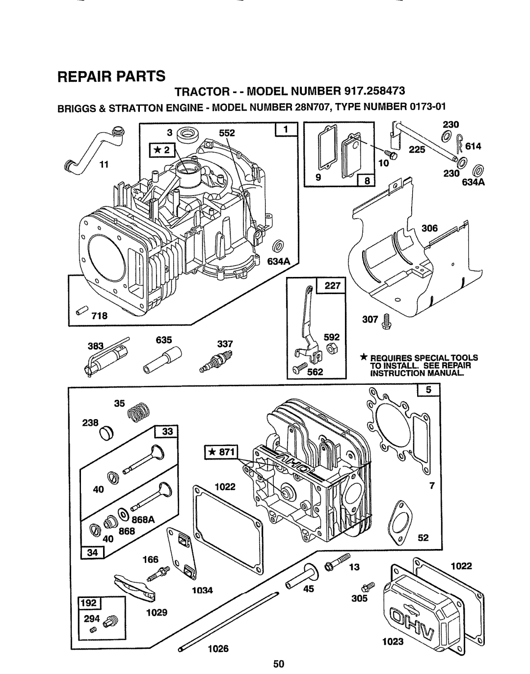 Sears 917.258473 owner manual 868 40, 634A, Repair Parts, Tractor - - Model Number 