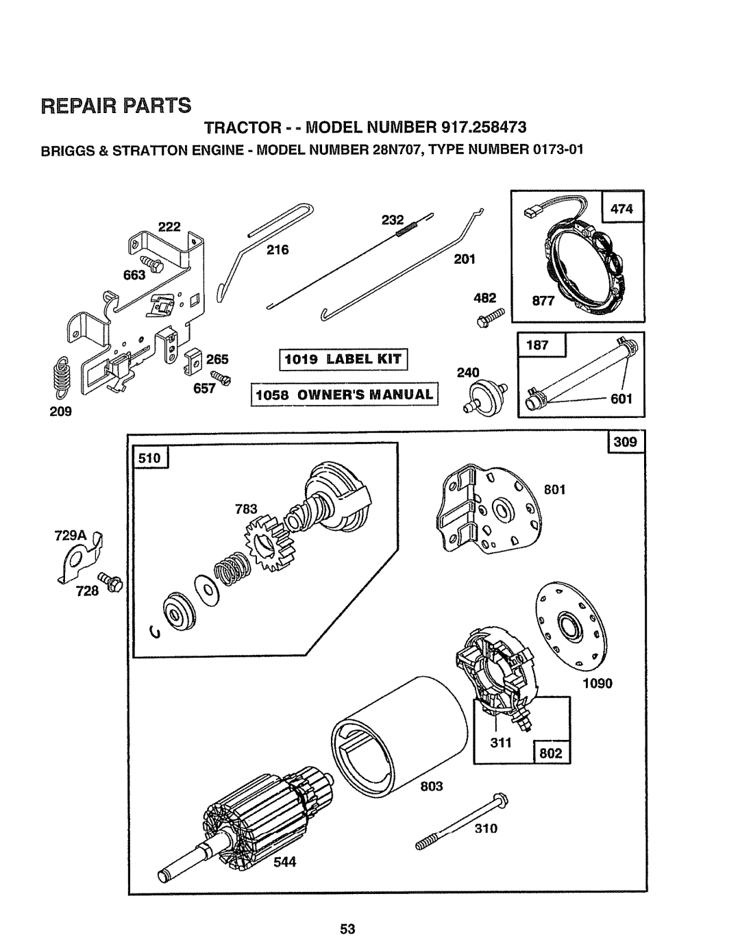 Sears 917.258473 owner manual TRACTOR - - MODEL NUMBER 917,258473, 601 209, Repair Parts 
