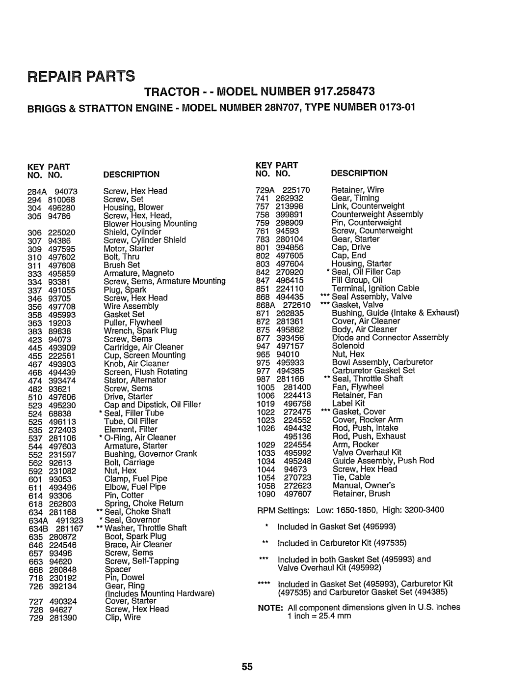 Sears 917.258473 owner manual TRACTOR --MODEL NUMBER 917,258473, Repair Parts 
