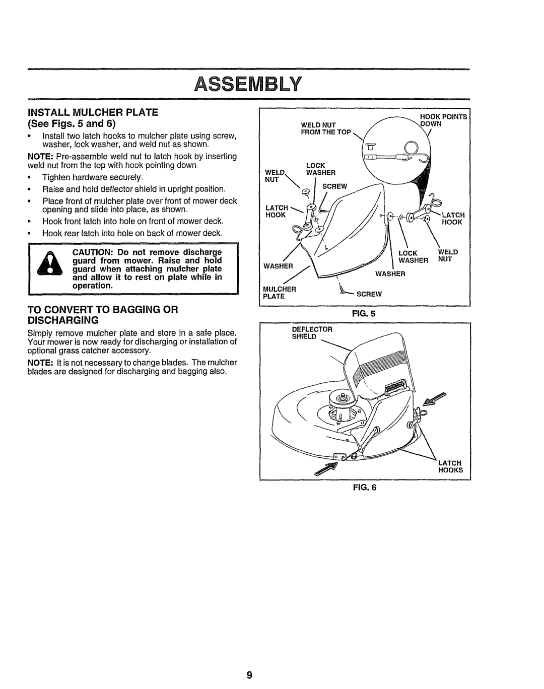 Sears 917.258473 owner manual Asse Bly, Ut, INSTALL MULCHER PLATE See Figs. 5 and, To Convert To Bagging Or Discharging 