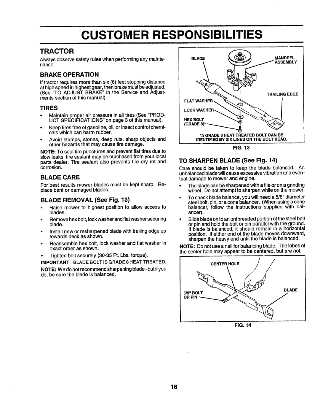 Sears 917.258524 owner manual Customer, Tractor, Brake Operation, Tires, Blade Care 