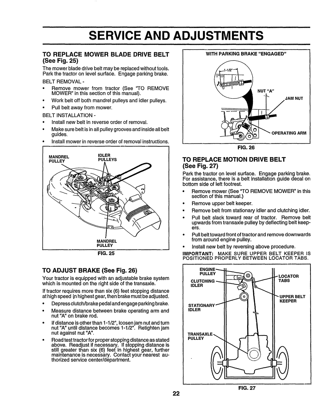 Sears 917.258524 Service and Adjustm, To Replace Mower Blade Drive Belt, To Replace Motion Drive Belt See Fig 