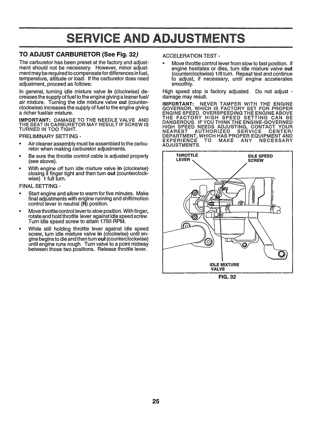 Sears 917.258524 owner manual Final Setting, Acceleration Test 