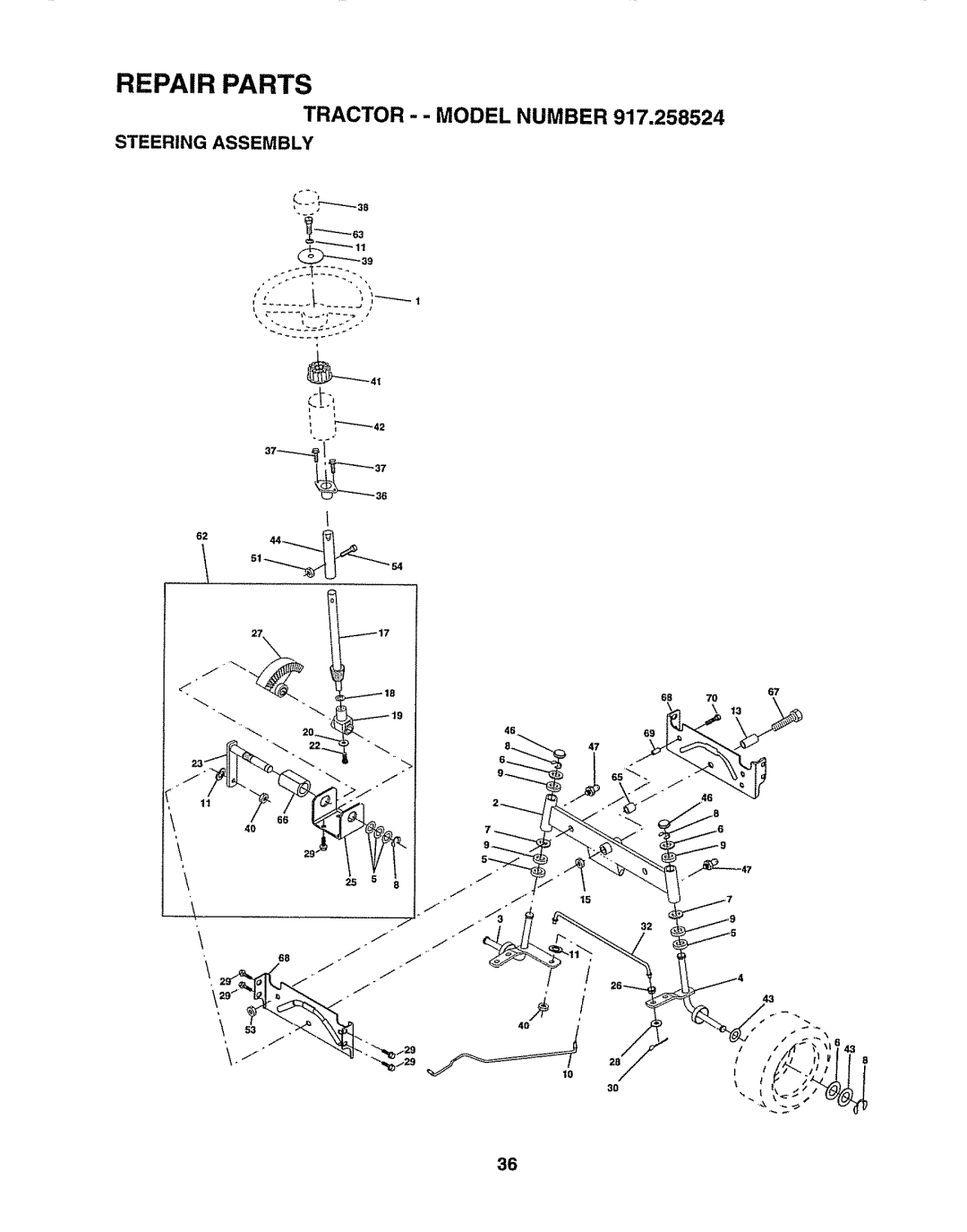 Sears 917.258524 owner manual Tractor - Model Number, Steering Assembly 