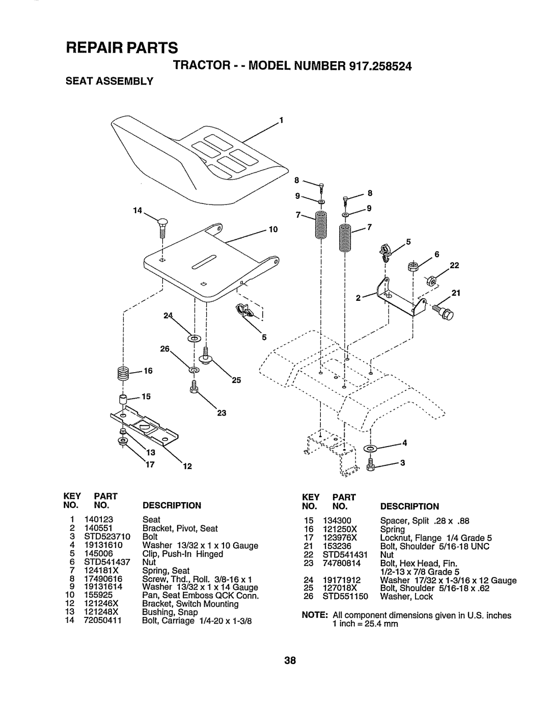 Sears 917.258524 owner manual Tractor --MODEL Number 917,258524, Seat Assembly 