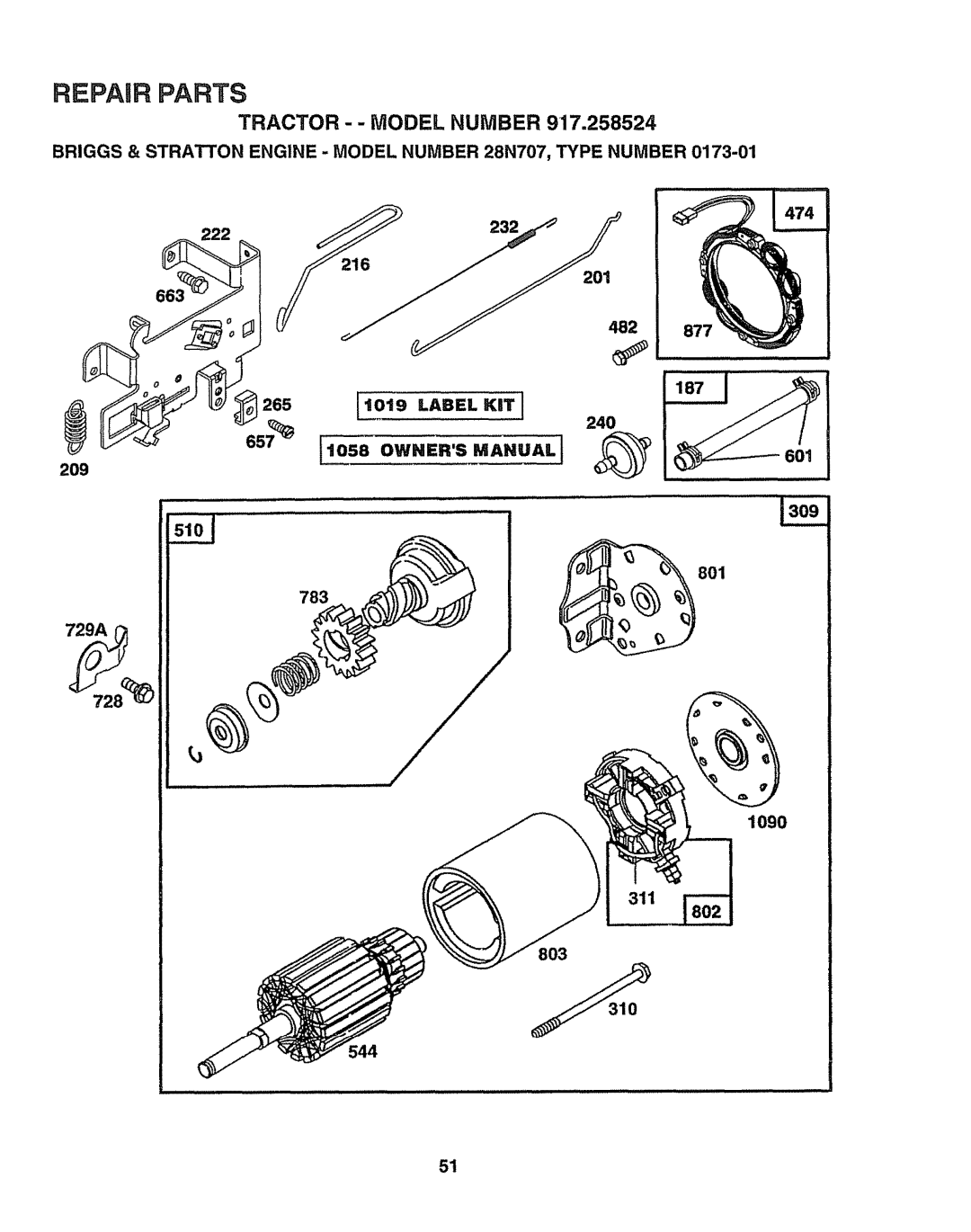 Sears 917.258524 owner manual Briggs & Stratton Engine -MODELNUMBER 28N707, Type Number, 801, 311, 544 