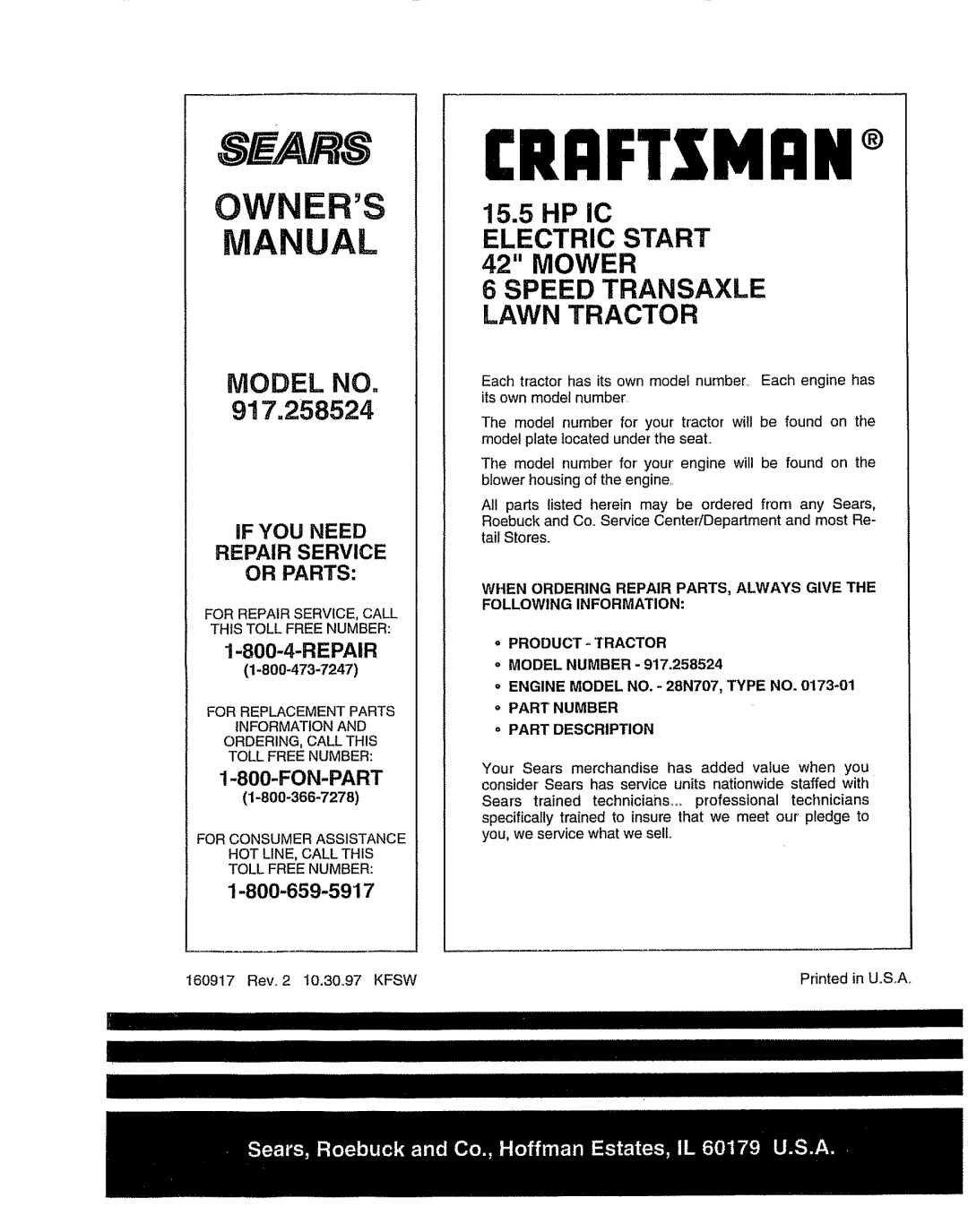 Sears 917.258524 owner manual For Repair SERVICE, Call this Toll Free Number 