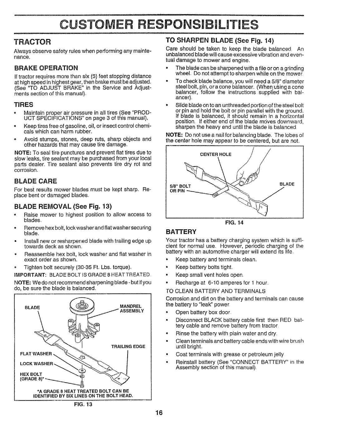 Sears 917.258542 owner manual Tractor, Brake Operation, Tires, Blade Care, Battery 