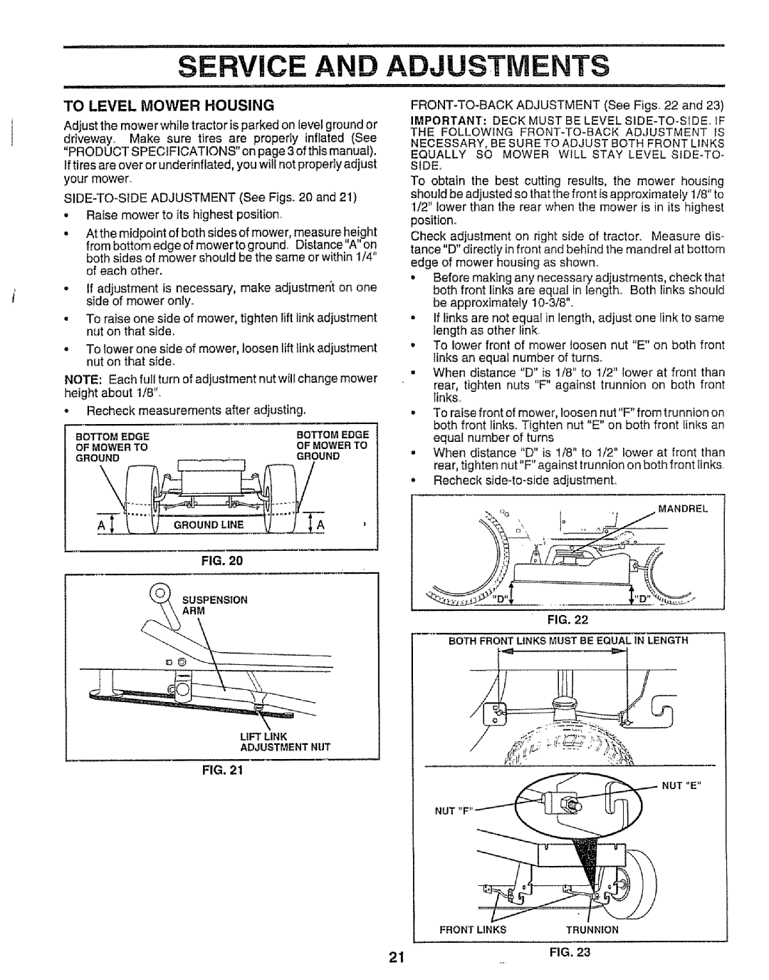 Sears 917.258542 Rvice AN Adjustments, To Level Mower Housing, Adjust the mower while tractor is parked on level ground or 