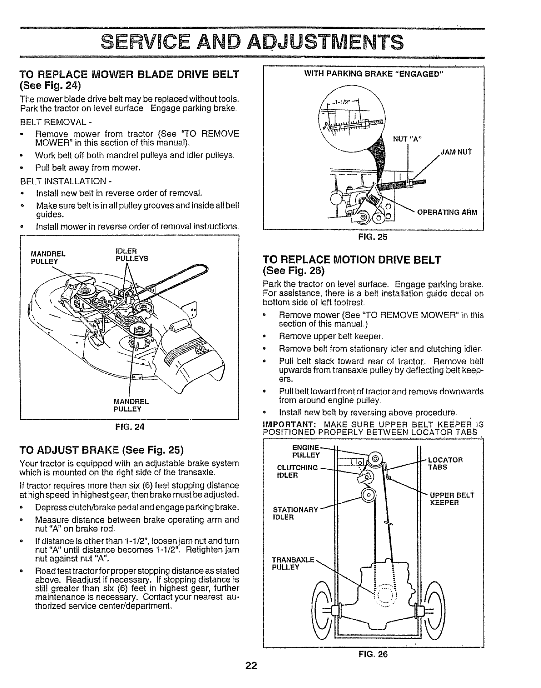 Sears 917.258542 owner manual To Replace Mower Blade Drive Belt, To Replace Motion Drive Belt, To Adjust Brake See Fig 