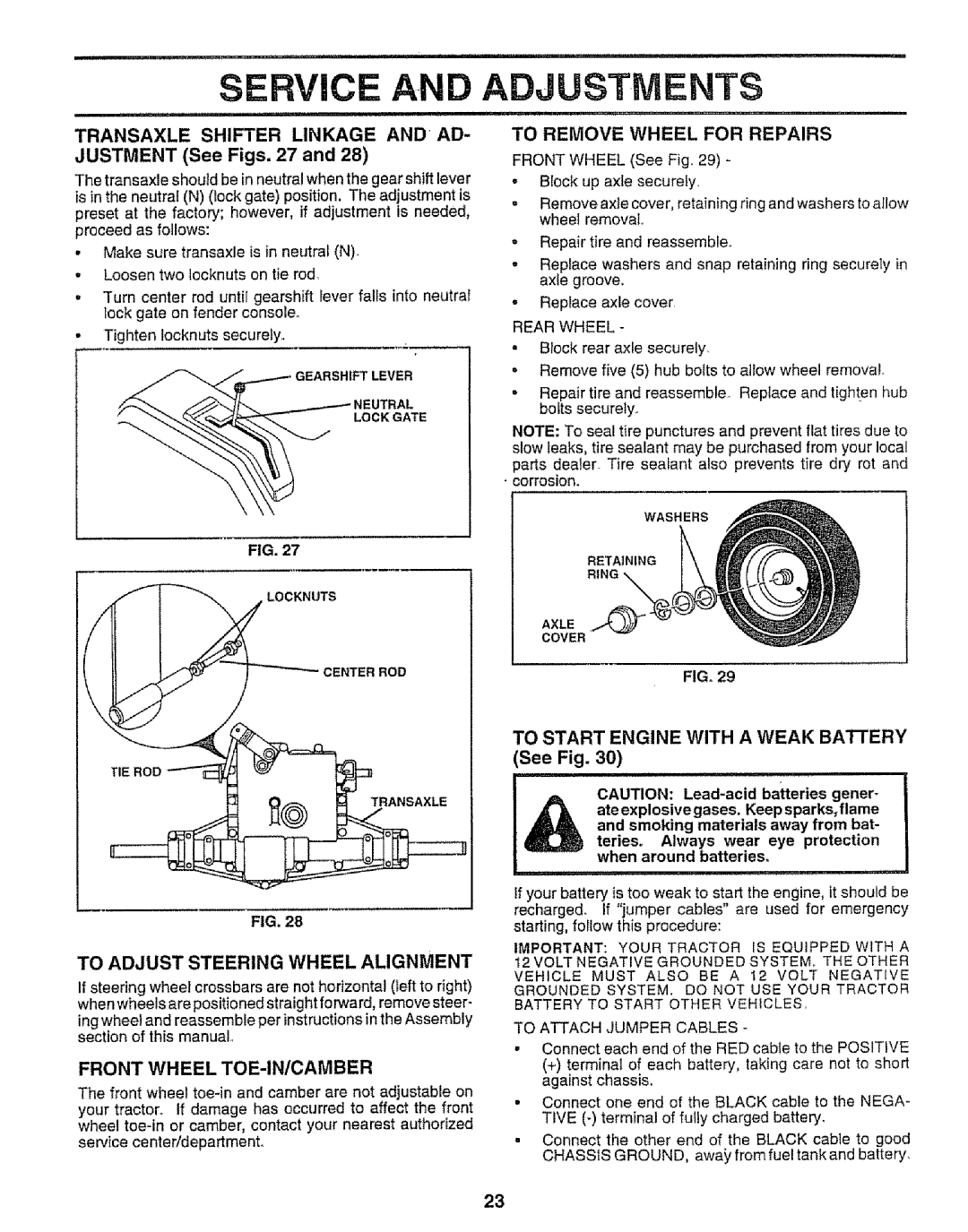 Sears 917.258542 owner manual Service, Transaxle Shifter Linkage and AD- Justment See Figs, Front Wheel TOE-IN/CAMBER 