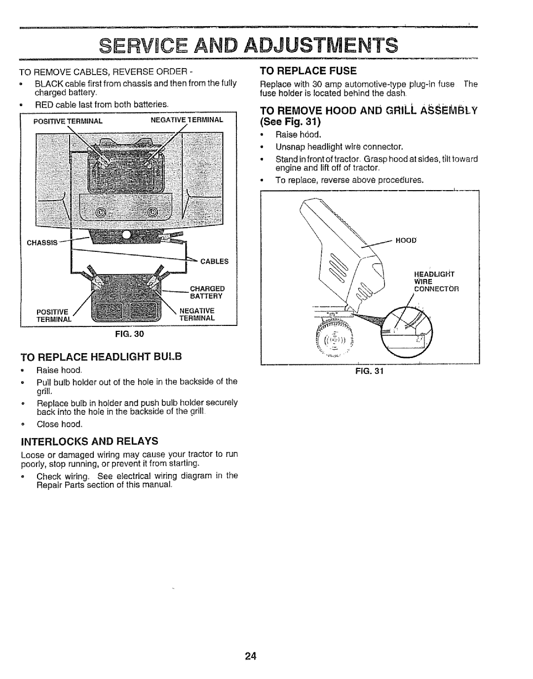 Sears 917.258542 owner manual Service, Adjustments, To Replace Fuse, To Replace Headlight Bulb, Interlocks and Relays 