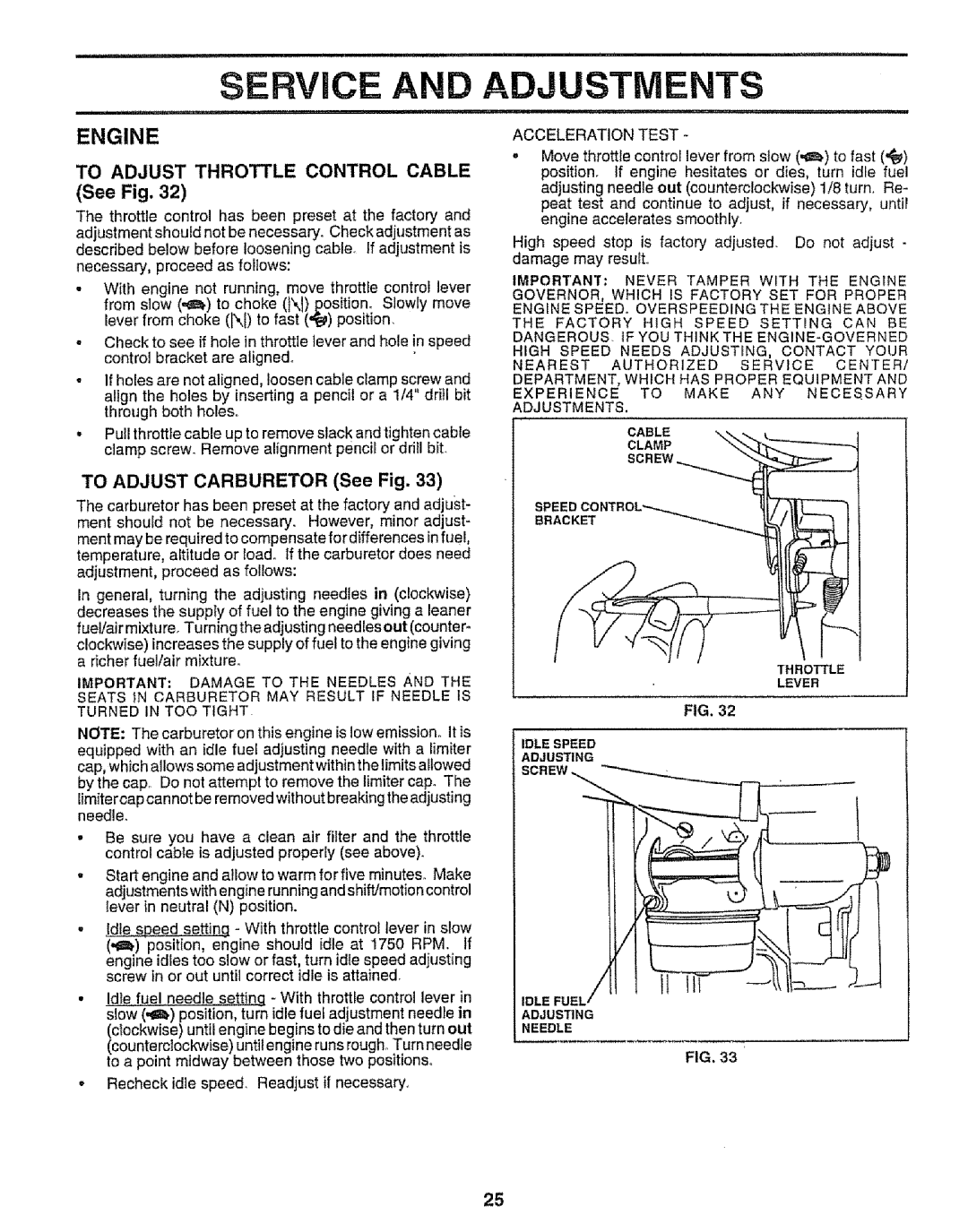 Sears 917.258542 Service Adjustments, To Adjust Throttle Control Cable, To Adjust Carburetor See Fig, Acceleration Test 