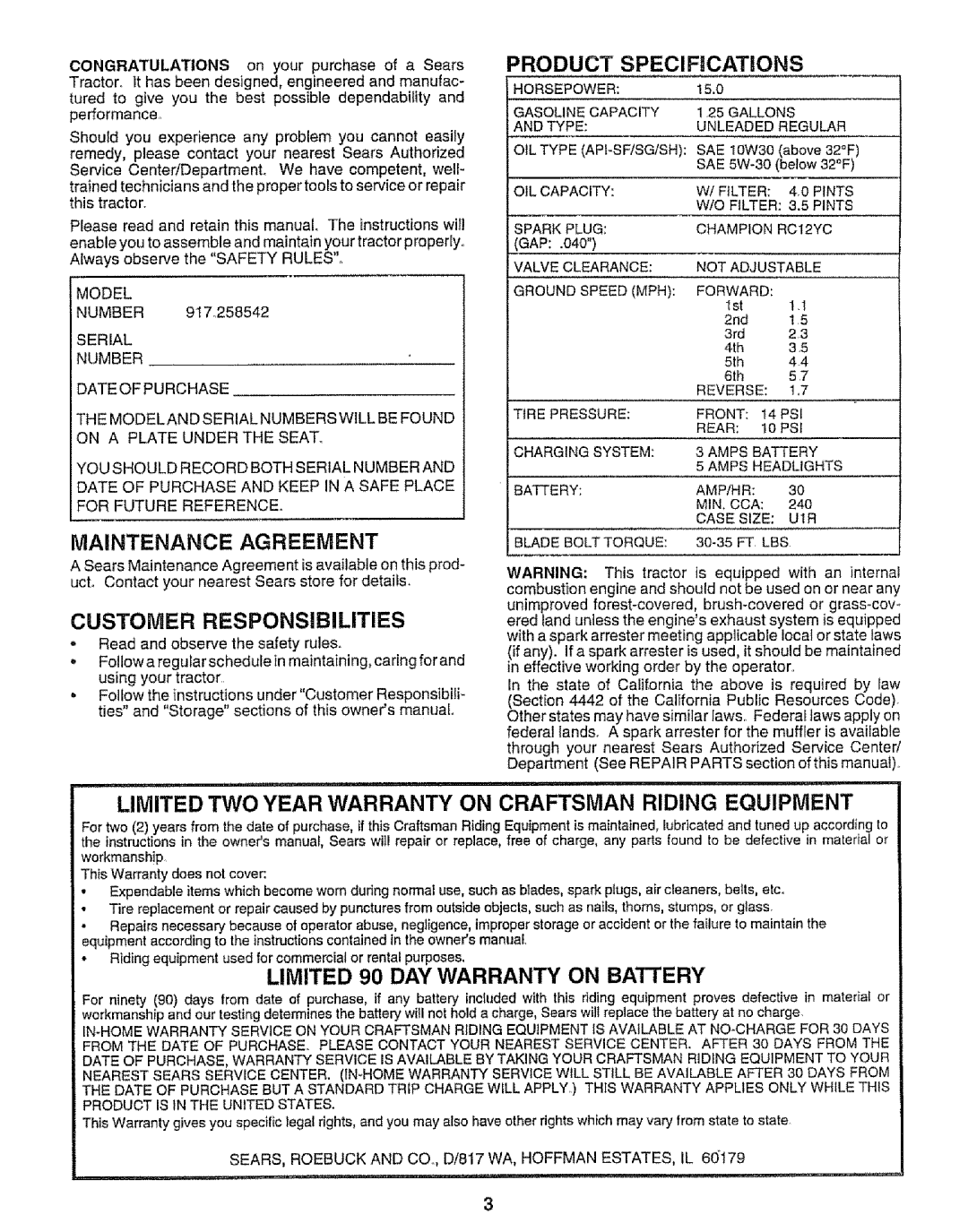 Sears 917.258542 owner manual Maintenance Agreement 