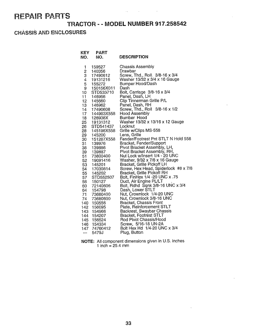 Sears 917.258542 owner manual CHASS1SANDENCLOSURES, KEY Part Description, Stlt 