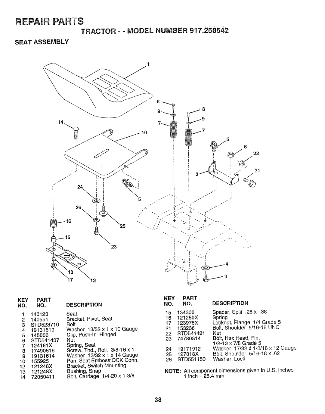 Sears 917.258542 owner manual Repair Parts, Seat Assembly 