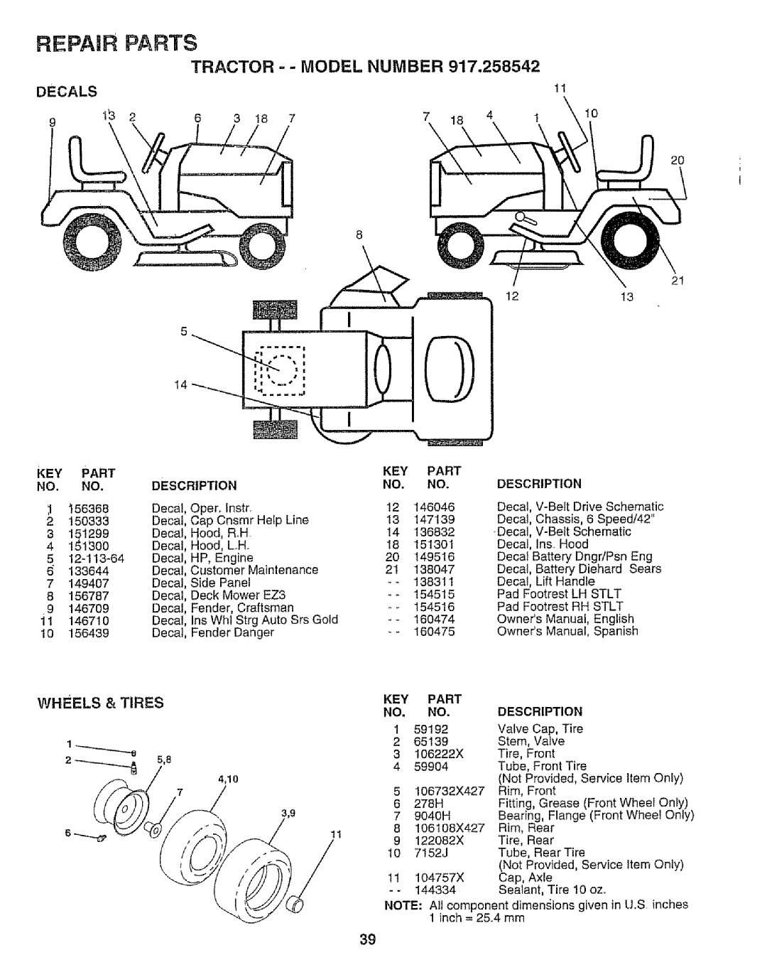 Sears 917.258542 owner manual Decals, 151300, Wheels & Tires 